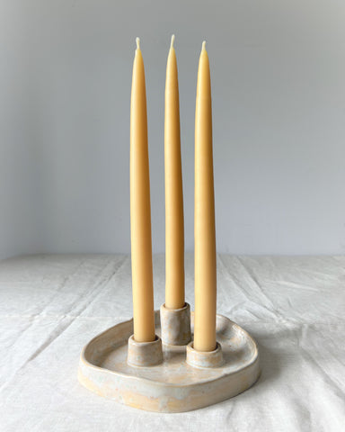 Ceramic candle plate with 3 dipped beeswax candles
