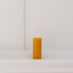 The Timeless Collection beeswax pillar-Small. Burn-time of up to 13 hours. 3.5cm wide, 9cm high, weighs 70g. All measurements are done at the minimum.